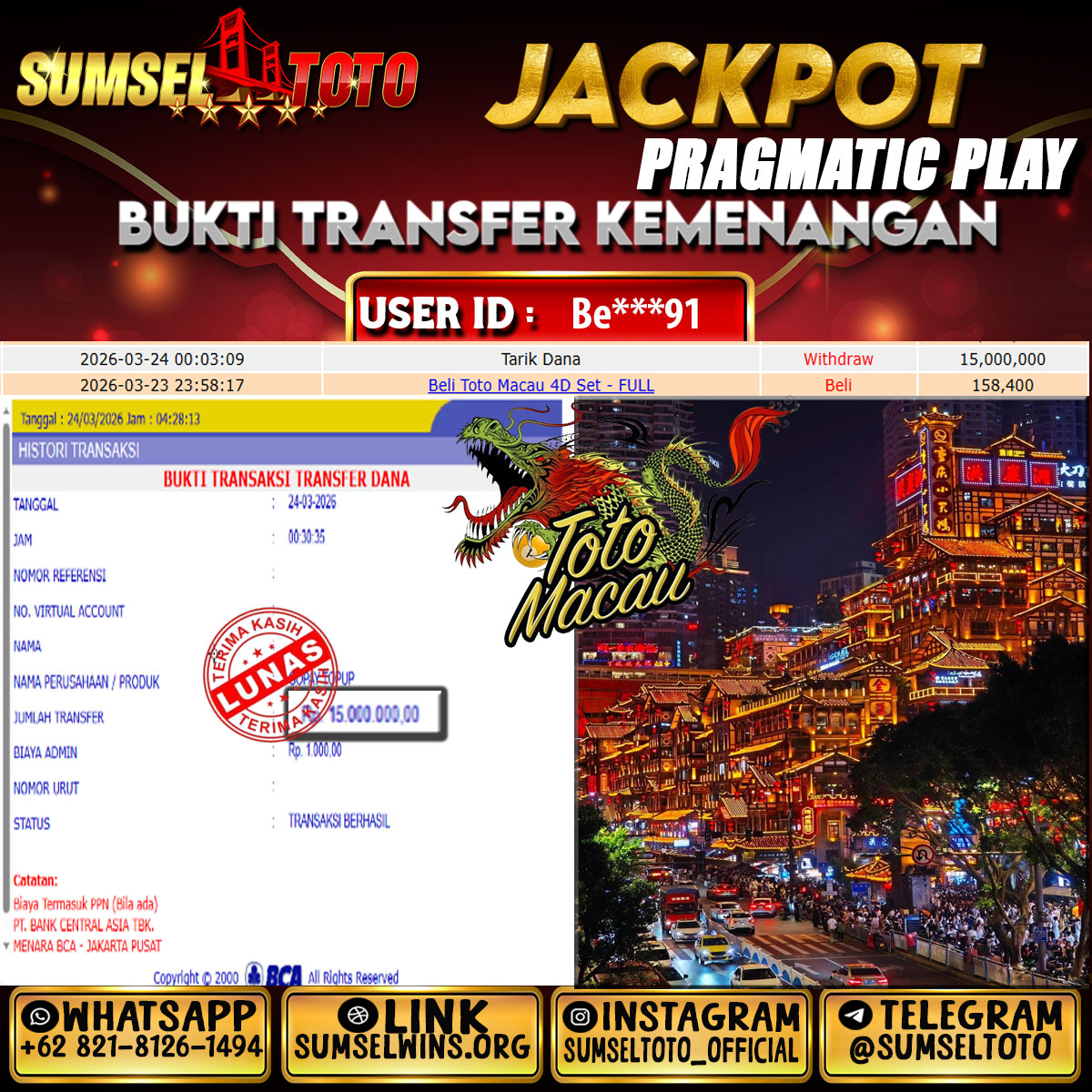 SUMSELTOTO JACKPOT TOTO MACAU Rp.15,000,000.,- LUNAS